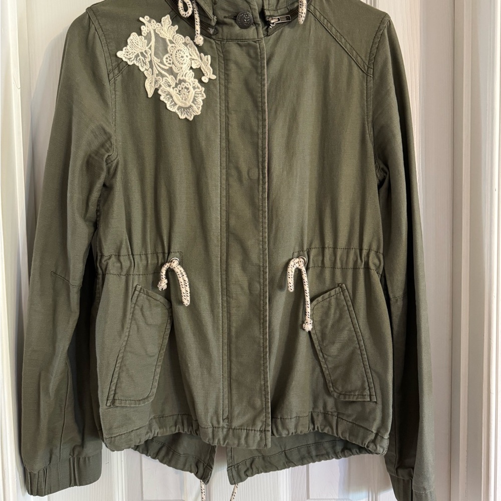 Anthropologie Olive Utility Jacket with Lace Appliqué Size S